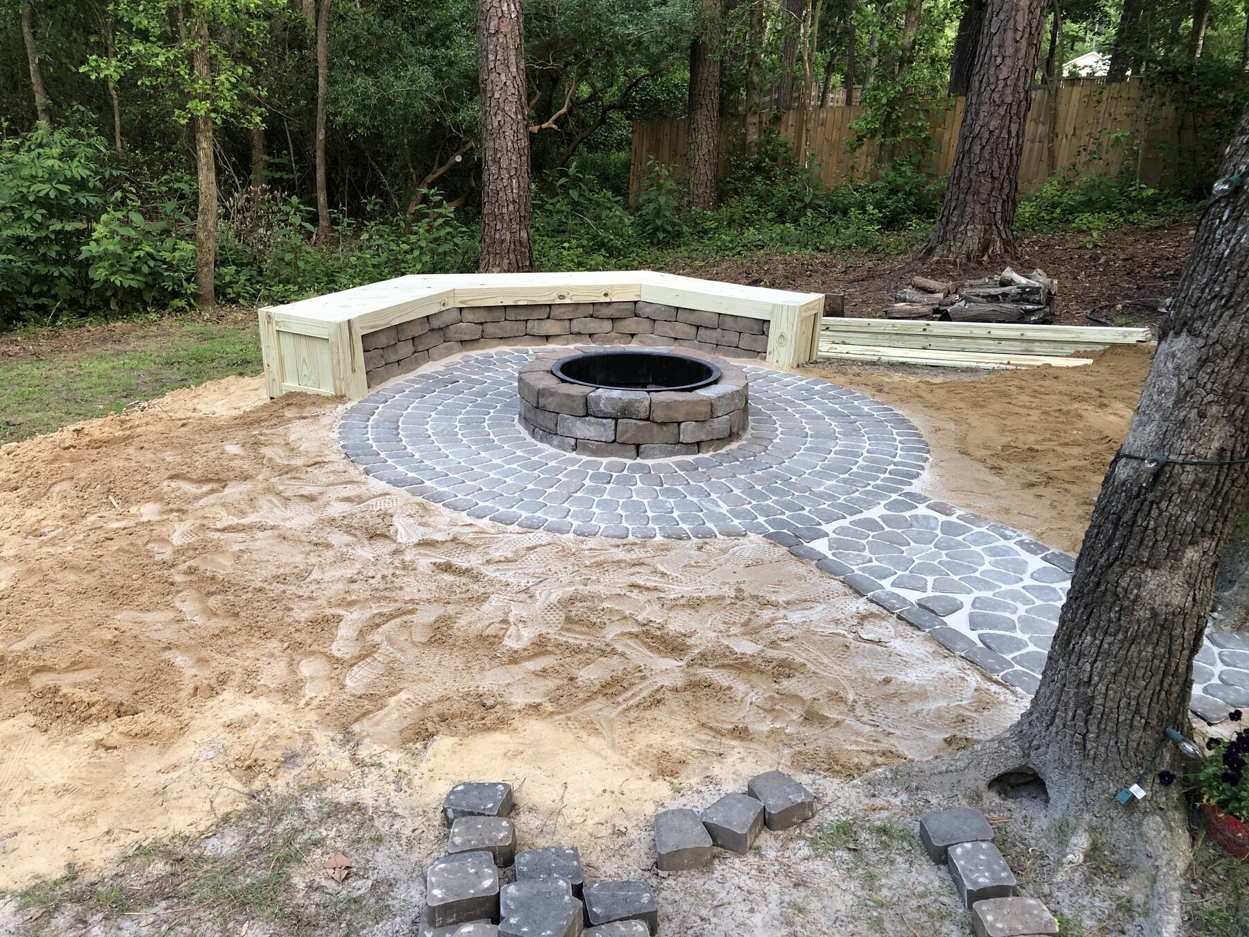 Completed stone firepit and seating area